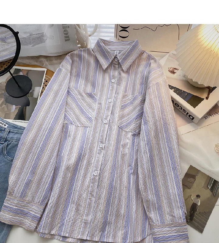 Extra Savings Lazy wind Stripe Shirt loose long sleeve cardigan top  6424
