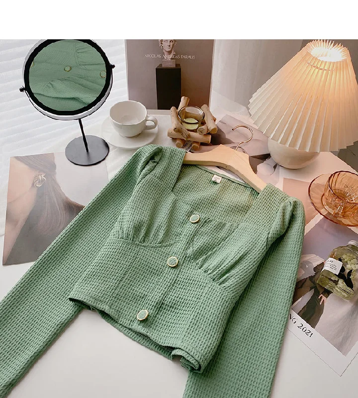 Unmissable Offer Long sleeve Vintage solid Plaid Shirt slim square neck top  6386