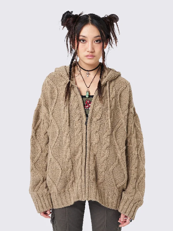 Take Advantage Eli Beige Zip Up Cable Knit Cardigan