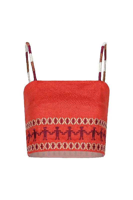 Final Clearance Guainia Linen Top in Red Embroidered