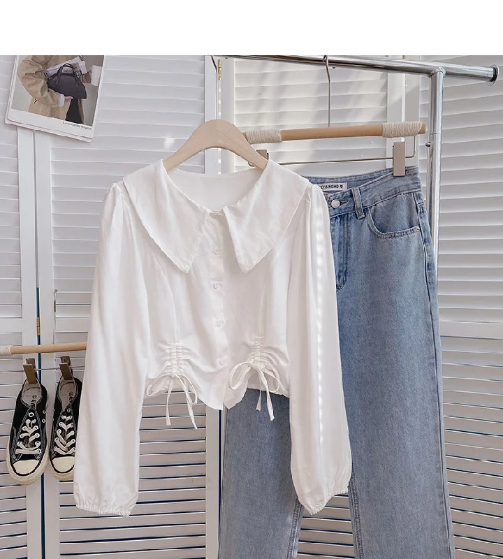 The Best Deal Baby collar single breasted shirt drawstring short slim top  6376
