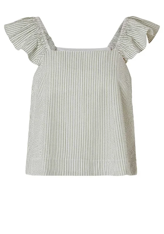 Incredible Offers Selected Femme Vittoria Ruffle Sleeve Striped Top, Snow White & Sage