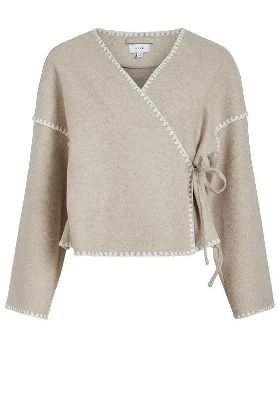 Weekend Bargains to Indulge In Vila Rise Contrast Trim Wrap Over Top, Birch
