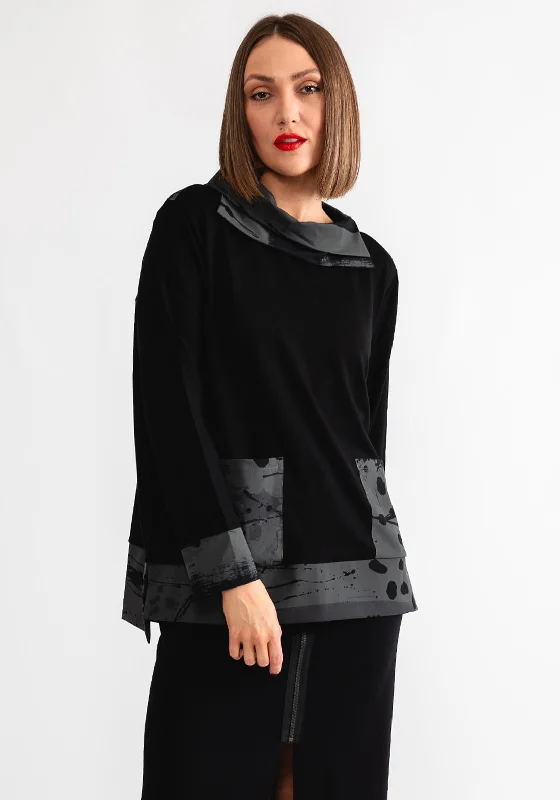 Year-End Sale Naya High Neck Abstract Print Top, Black and Green