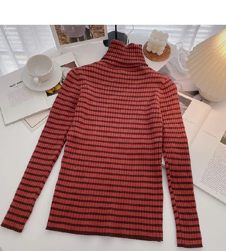 Weekend Deals That Dazzle High neck stripe bottomed long sleeve top popular sweater 6652 Weekend Deals That Dazzle High neck stripe bottomed long sleeve top popular sweater 6652