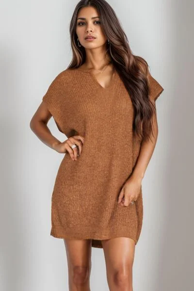 Overstock Notched Cap Sleeve Mini Sweater Dress