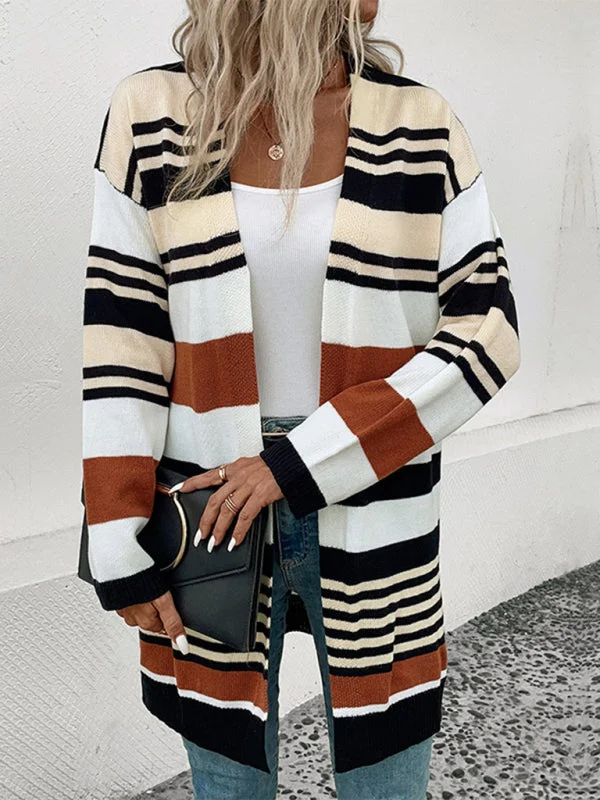 Women's Stripe Colour Block Open Front Mid Length Cardigan