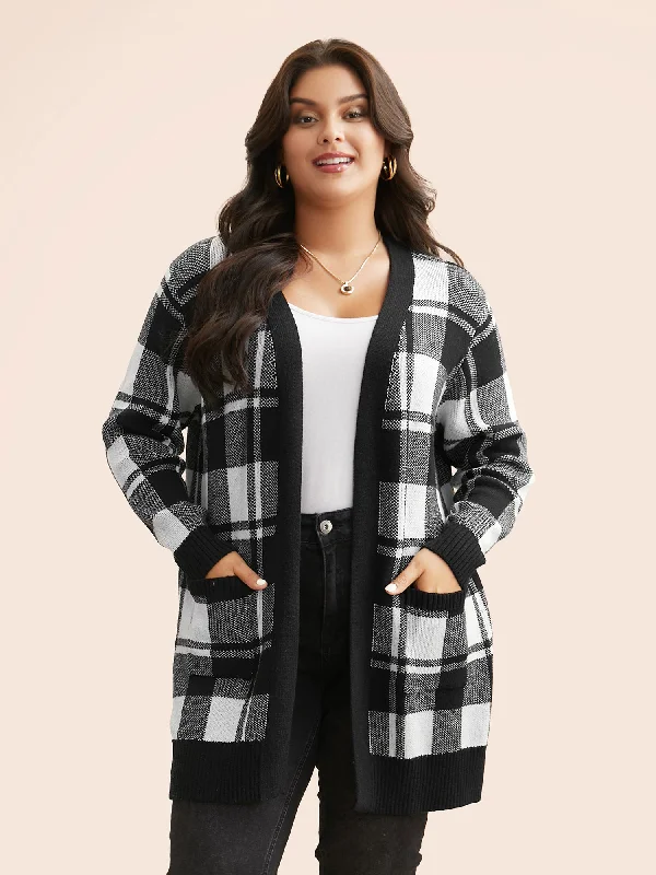 Kimono Collar Plaid Slit Hem Cardigan