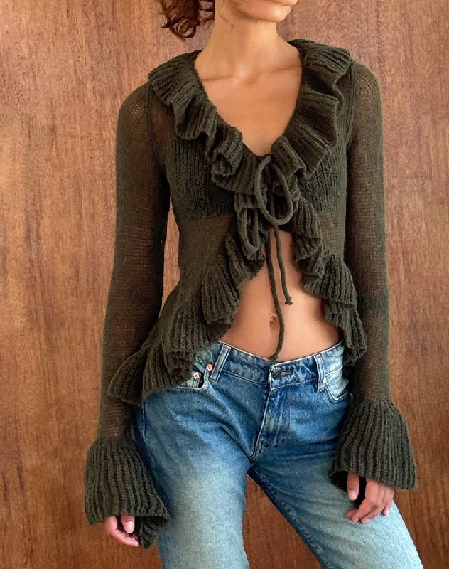 Savings Spectacular Kendra Ruffle Cardi in Khaki