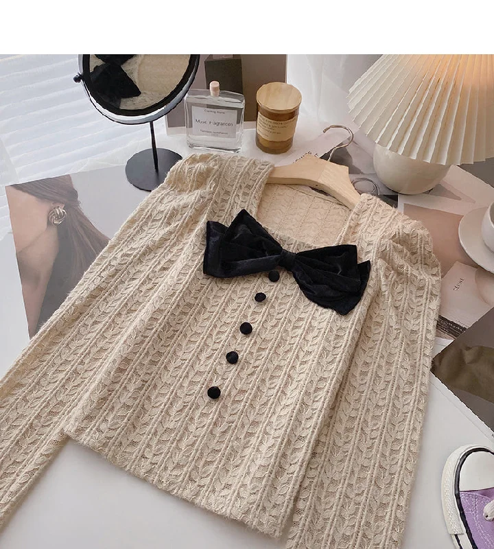 New Deals Bow Vintage French shirt square neck long sleeve top fashion  6389