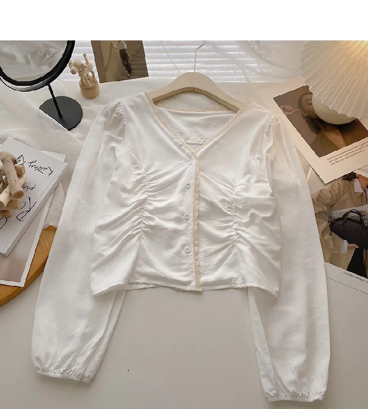 Weekend Offers That Amaze Single breasted lace design V-neck shirt  6359