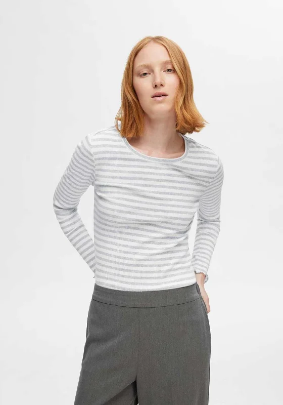 Weekend Deals That Sizzle Selected Femme Anna Crew Neck Stripe T-Shirt, Light Grey Melange