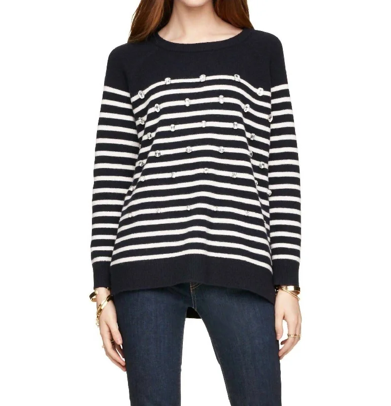 Special Promotion Crystal Embellished Stripe Merino Wool Pullover Sweater In Blue