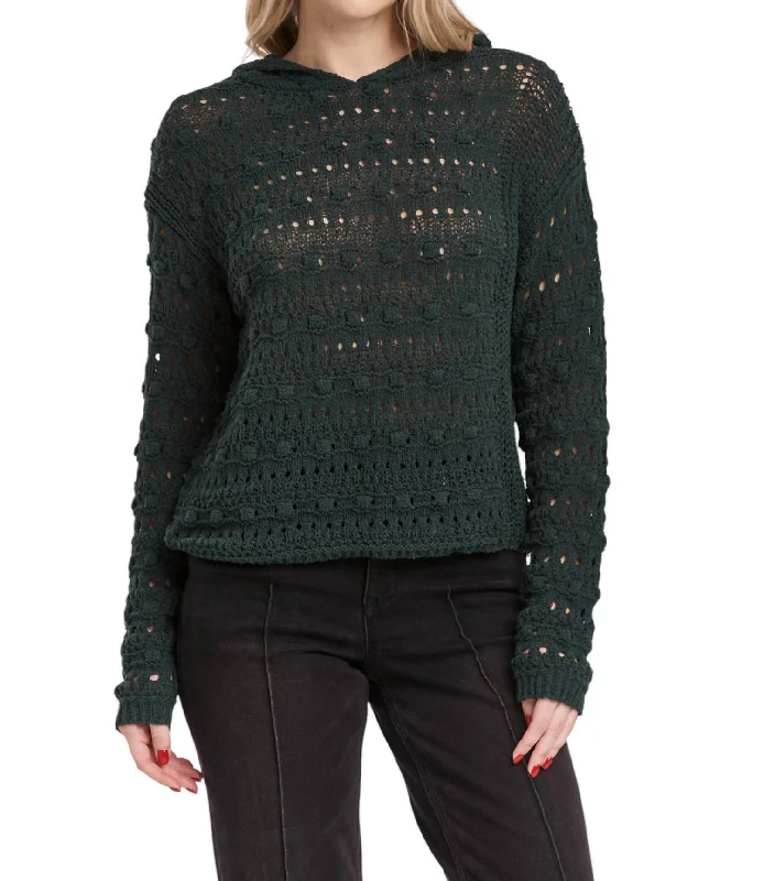 The Best Deal Olsen Pointelle Hoodie Sweater In Dark Moss