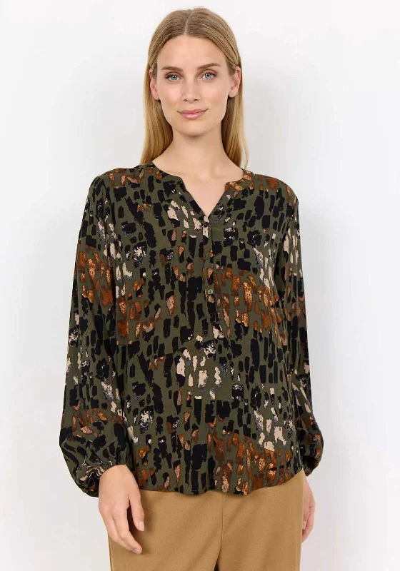 Super Deal Soyaconcept Ima Leopard Half Button Blouse, Green