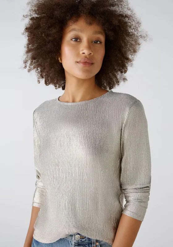 Weekend Deals to Make You Happy OUI Metallic Long Sleeve Top, Silver