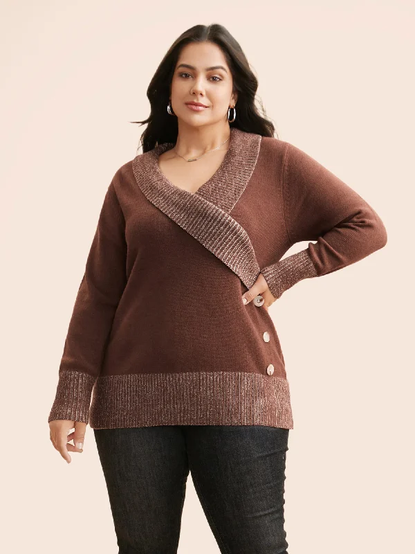 Weekend Deals You Can't Resist Overlap Collar Contrast Button Detail Pullover