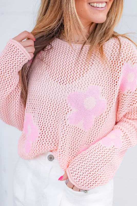 Light Pink Flower Drop Shoulder Hollow Knit Top