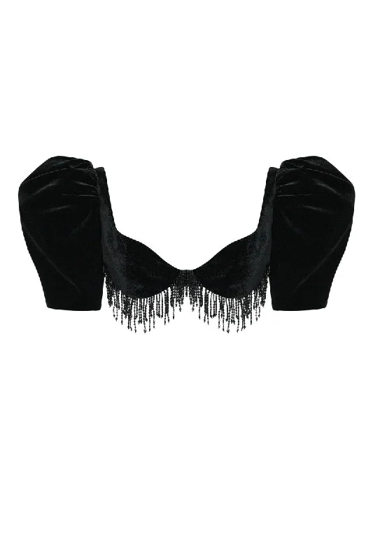 Super Bargain Velvet cropped fringed top with voluminous sleeves