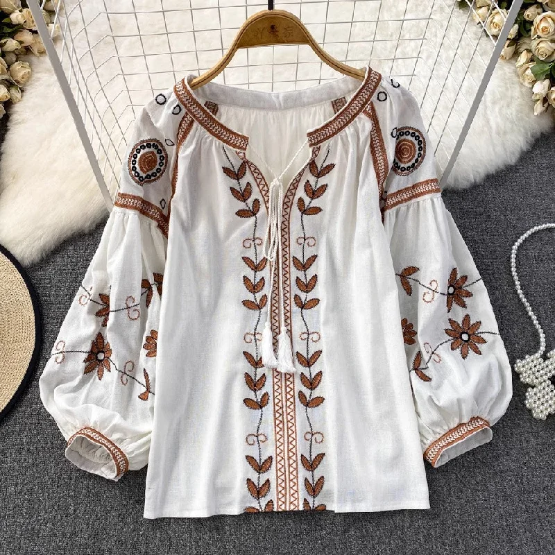 long-sleeved round neck embroidered shirt for women casual tops     S3952