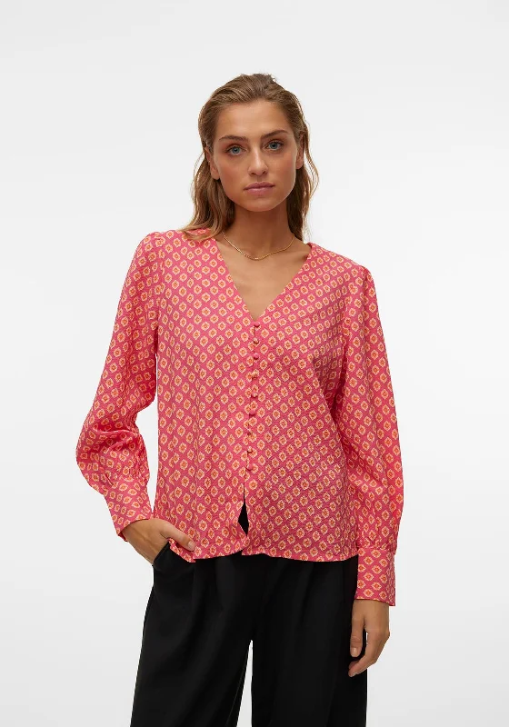 Lowest Prices Vero Moda Moa Printed Button V Neck Top, Raspberry Sorbet