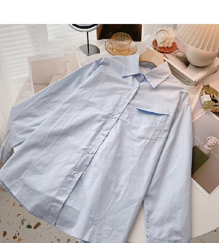 Flash Deals Solid long sleeve shirt versatile simple Lapel cardigan top  6417