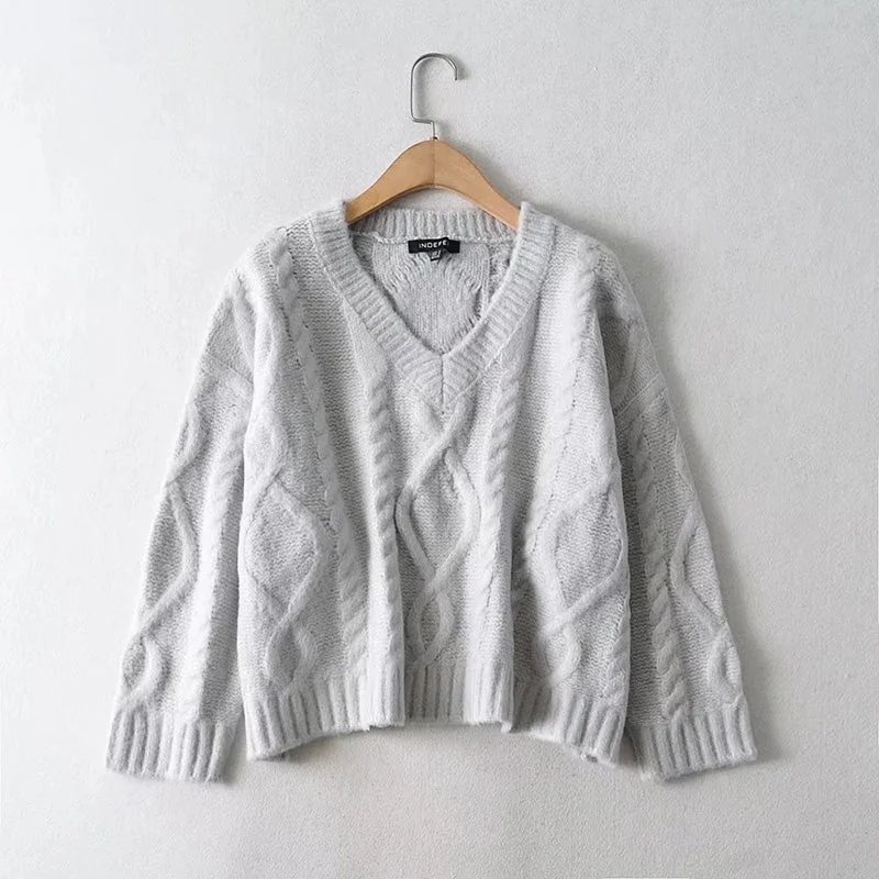 Savings Galore New style temperament versatile V-neck loose casual octet knitted sweater  7759