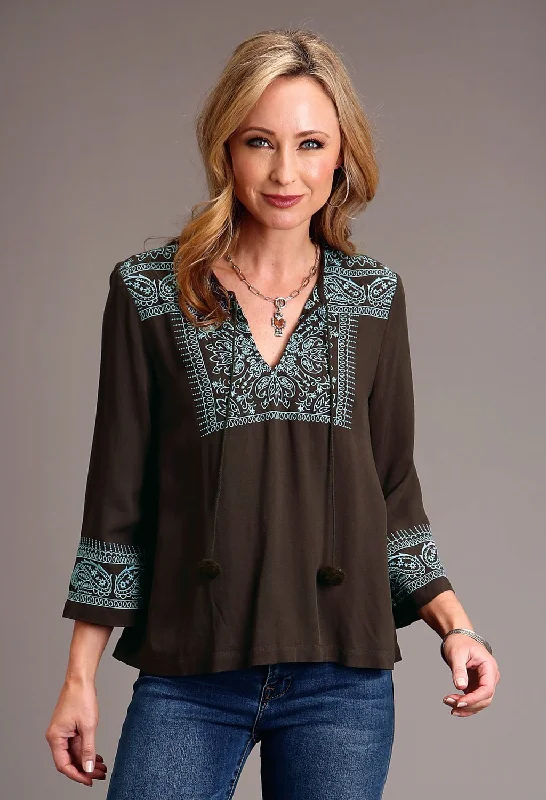 Instant Discount Stetson Womens Twill V-Neck Chocolate 100% Rayon L/S Blouse