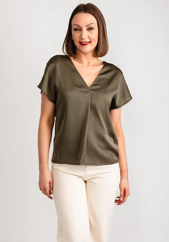 Price Cut Vila Ellette V-Neck Satin Top, Dusty Olive
