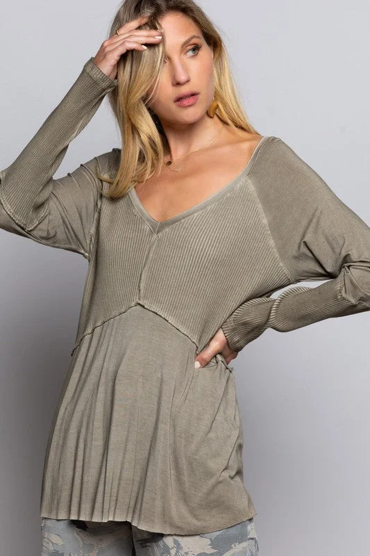 Final Clearance Light Wash Rib Textured Long Sleeve Top