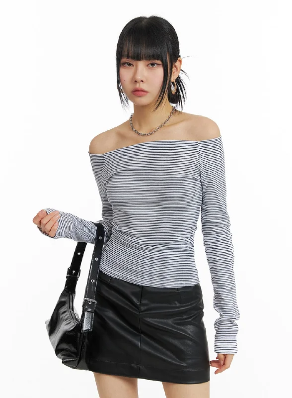Stock Clearance Thin Striped Off Shoulder Long Sleeve Top IM414