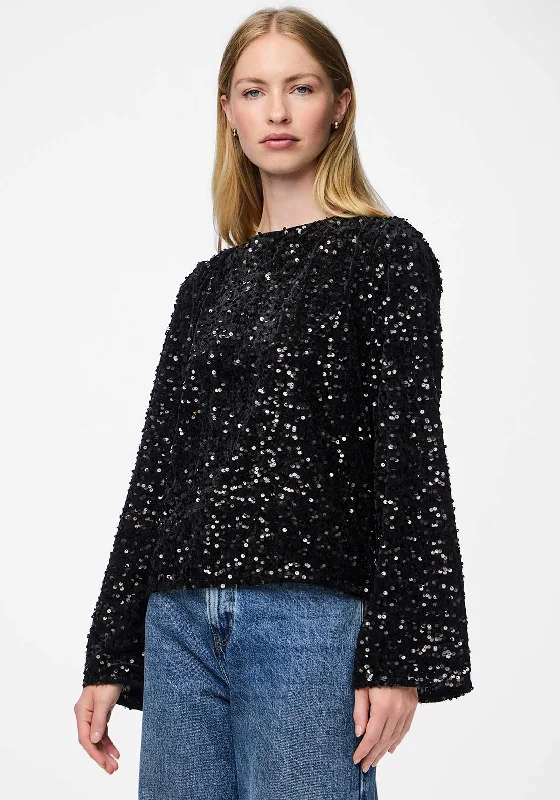 Now or Never Pieces Kam Deep Back Sequin Bow Top, Black