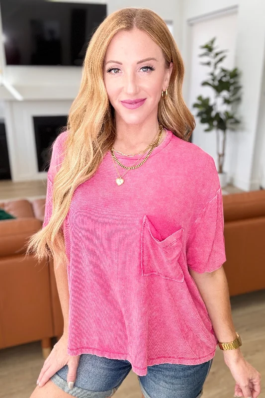 Final Clearance Mineral Wash Ribbed Round Neck Top in Hot Pink