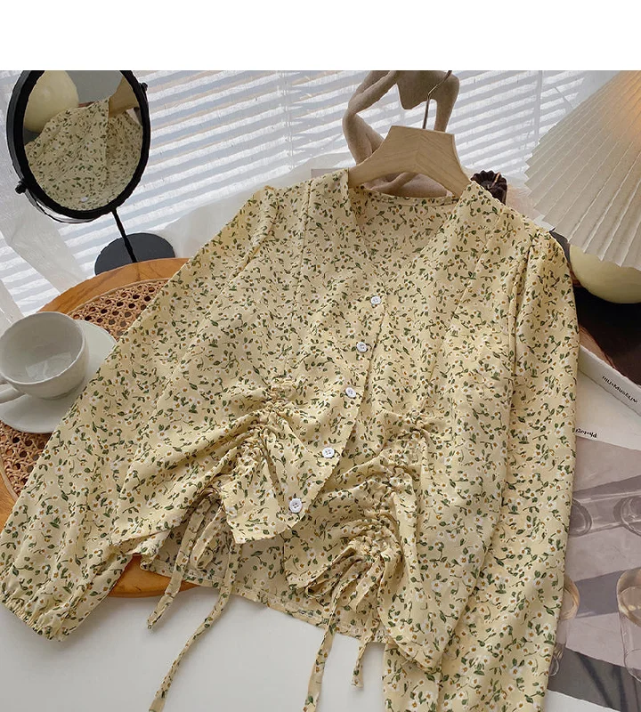Massive Savings Design sense of foreign style floral shirt drawstring fold  6412