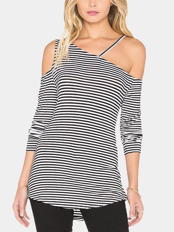 Custom Asymmetrical Cold Shoulder Stripe Long Sleeve T-Shirts