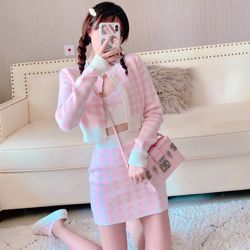 Weekend Specials to Snag Pink Plaid Knit Set  PL52842