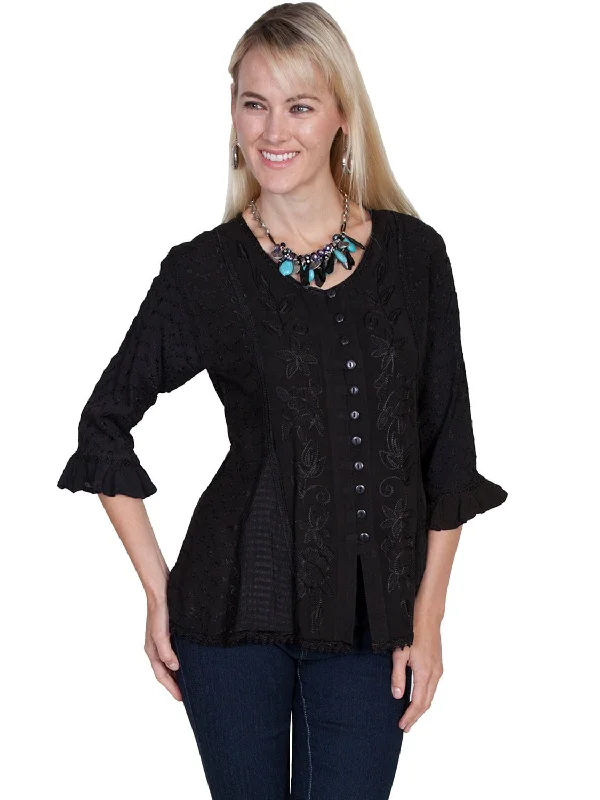 Weekend Savings Spectacular Scully Honey Creek Womens Blouse Black 100% Rayon Embroidered 3/4 Sleeve Weekend Savings Spectacular Scully Honey Creek Womens Blouse Black 100% Rayon Embroidered 3/4 Sleeve