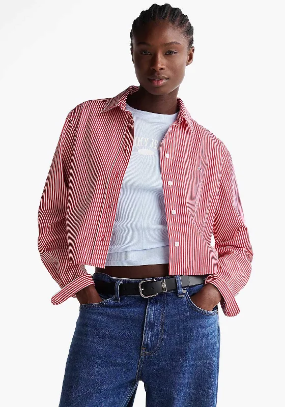 Clearance Sale Tommy Hilfiger Striped Cropped Poplin Shirt, Red and White