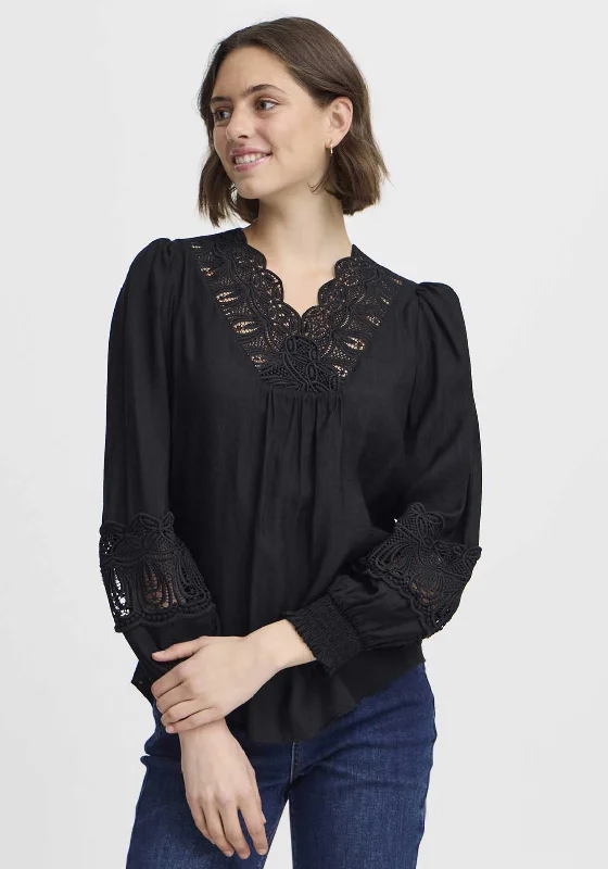 Seasonal Clearance Fransa Blondie Crochet Panel V Neck Blouse, Black