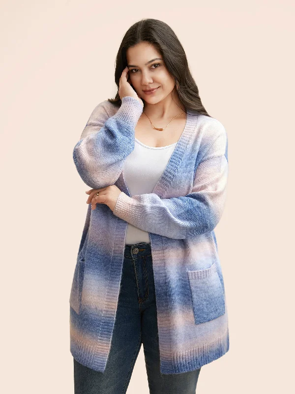 Ombre Kimono Collar Patched Pocket Cardigan