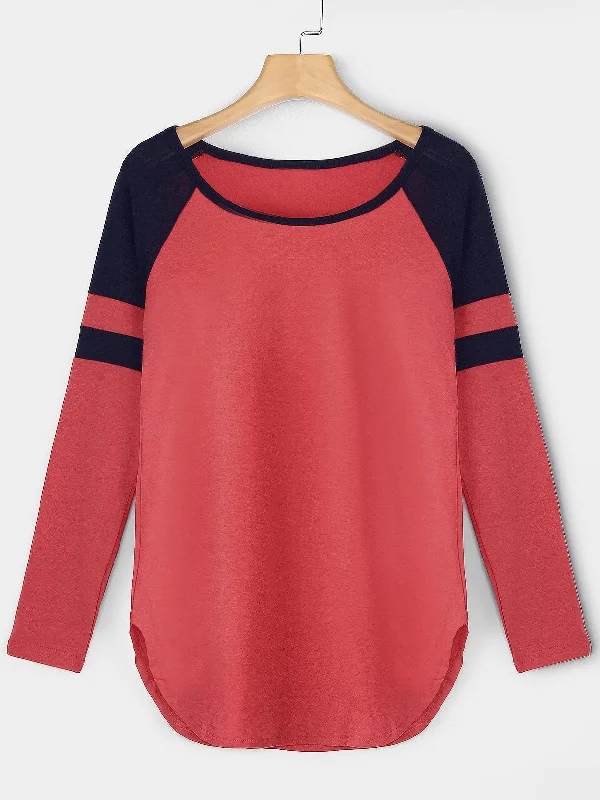 Weekend Deals That Wow Custom Round Neck Stripe Plain Long Sleeve Curved Hem Red T-Shirts Weekend Deals That Wow Custom Round Neck Stripe Plain Long Sleeve Curved Hem Red T-Shirts