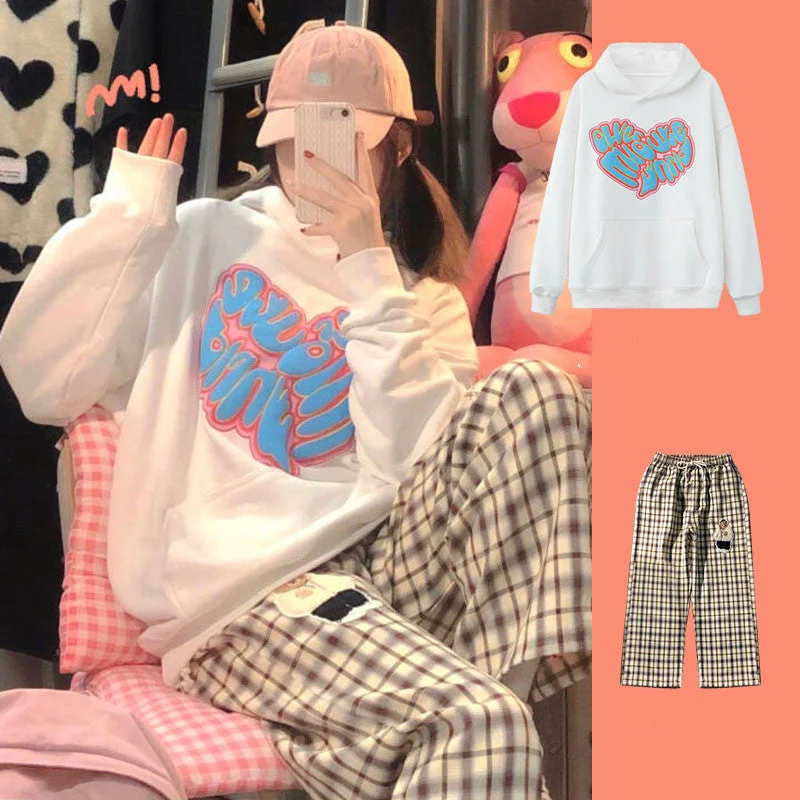 Super Deal Two-piece set of white Hoodie + plaid pants  PL52539
