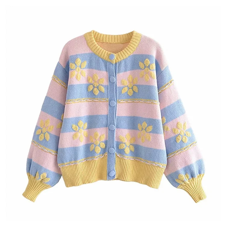 Your Weekend, Your Savings Sweet flower printed jacquard knitted coat cardigan  7302