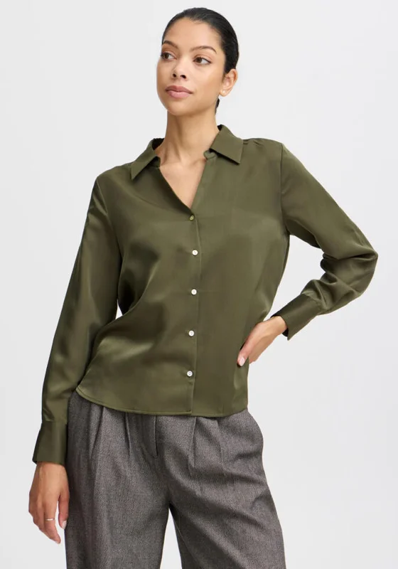 Hurry Up B.Young Dolora Satin V Neck Shirt, Olive Green