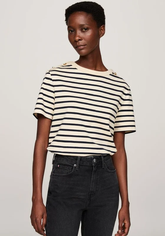 Weekend Specials to Snag Tommy Hilfiger Womens Striped T-Shirt, Beige & Black