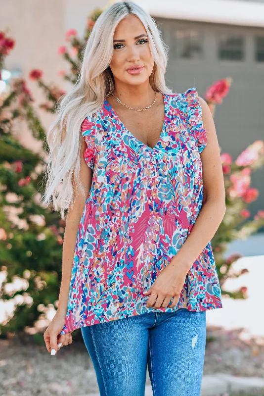 Make Your Weekend Count with Savings Printed Flutter Sleeve V-Neck Top cf