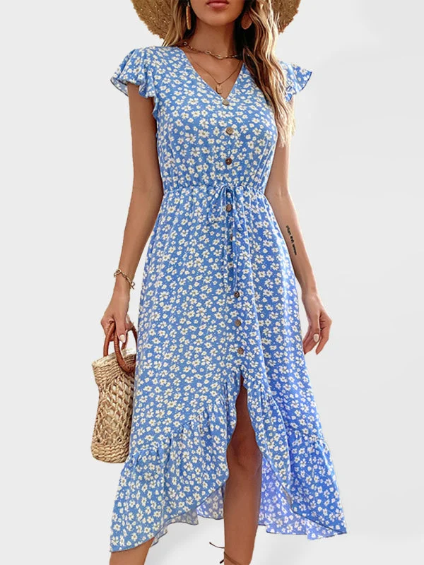 Act Fast BerryBetty - Women's Floral Print Flutter Sleeve V-neck Midi Dress