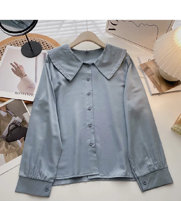 Overstock Solid color baby collar shirt long sleeve single breasted top  6422