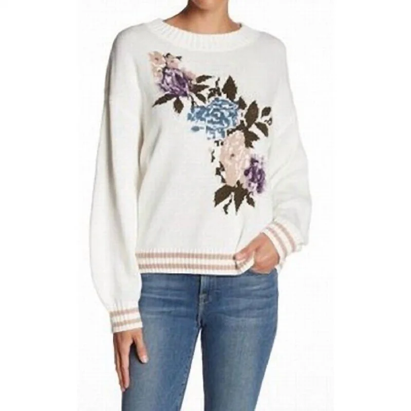 Reduced Rates Floral Crewneck Cotton Sweater In White