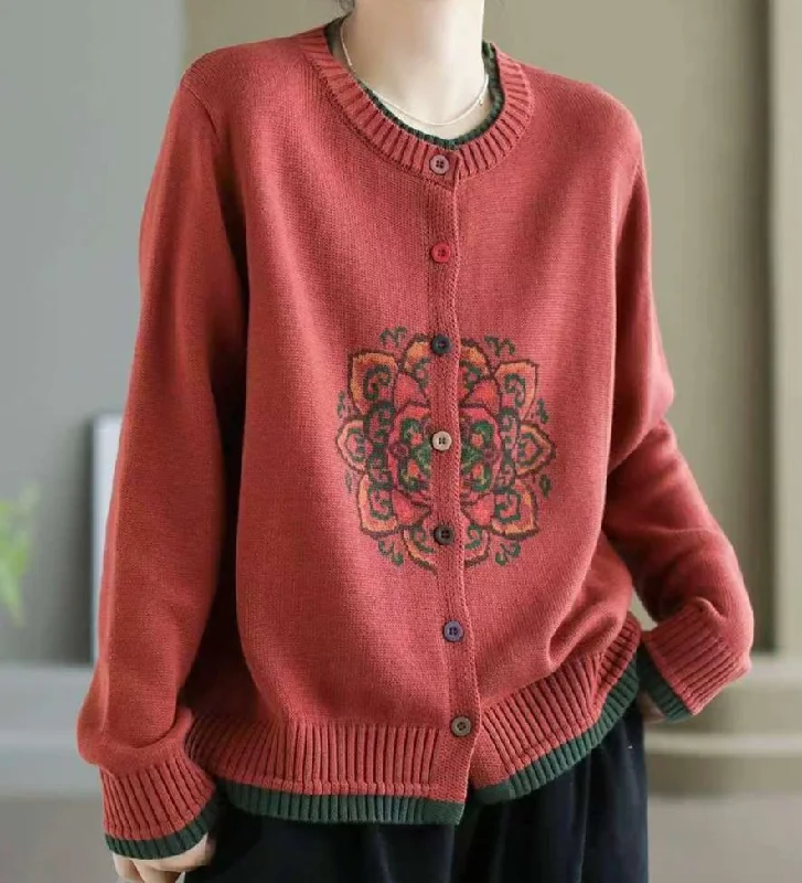 Women Casual Embroidered Knitted Sweater Cardigan